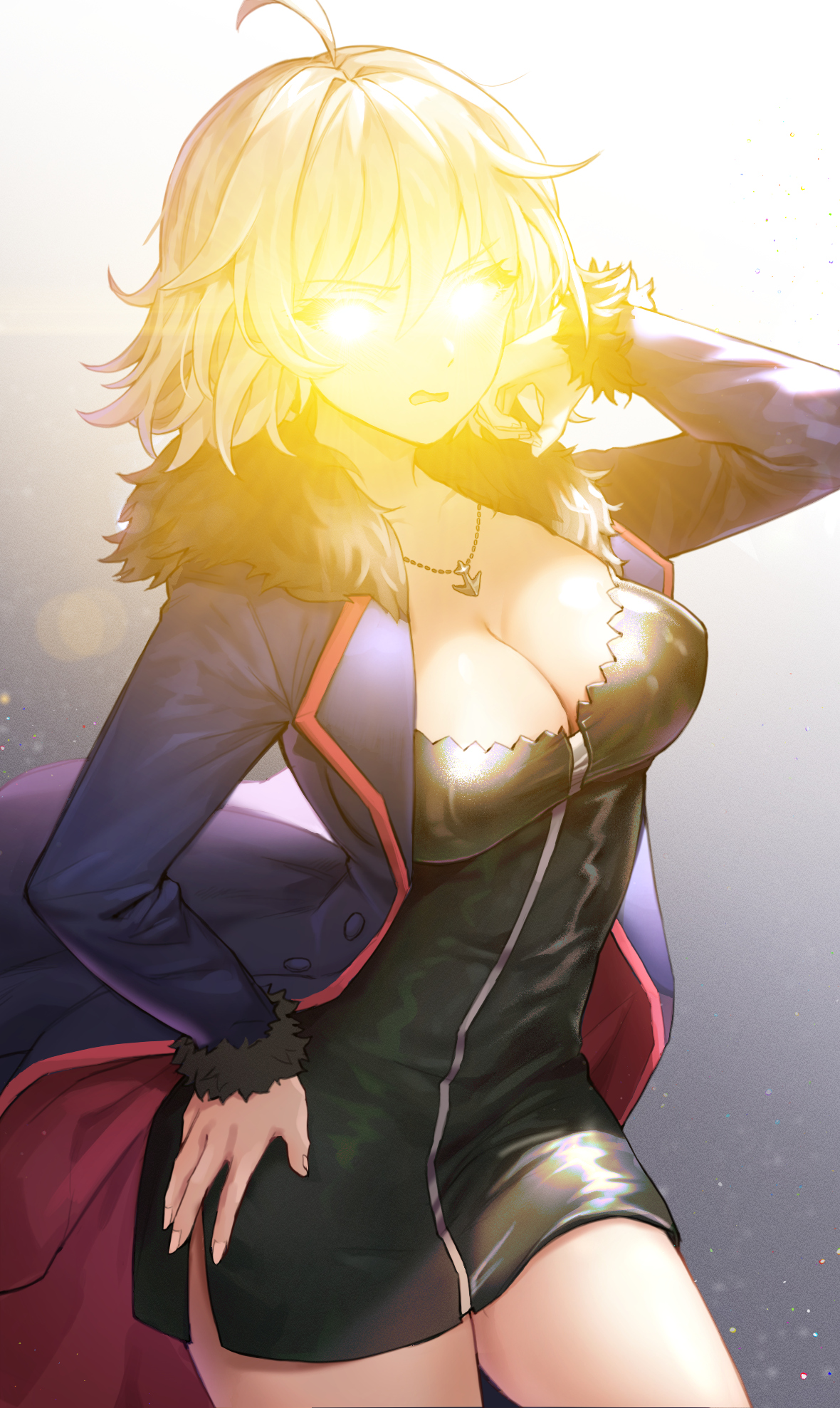 A woman with light hair wearing a tight black dress under a red and blue fur-lined coat looks annoyed.  Her eyes are glowing so intensely that her facial features are difficult to make out.